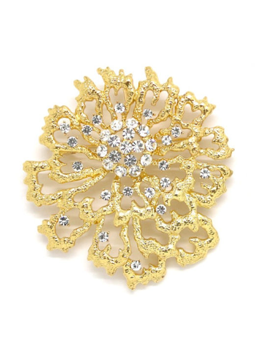 Broche rosace dorée et strass blancs