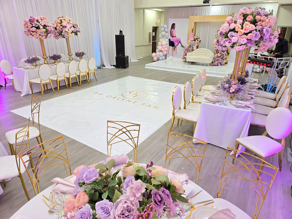 white and gold dance floor surrounded by dinner tables and chairs