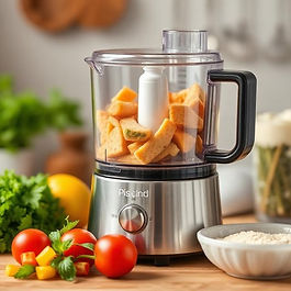 a steel food processor with fruit in it