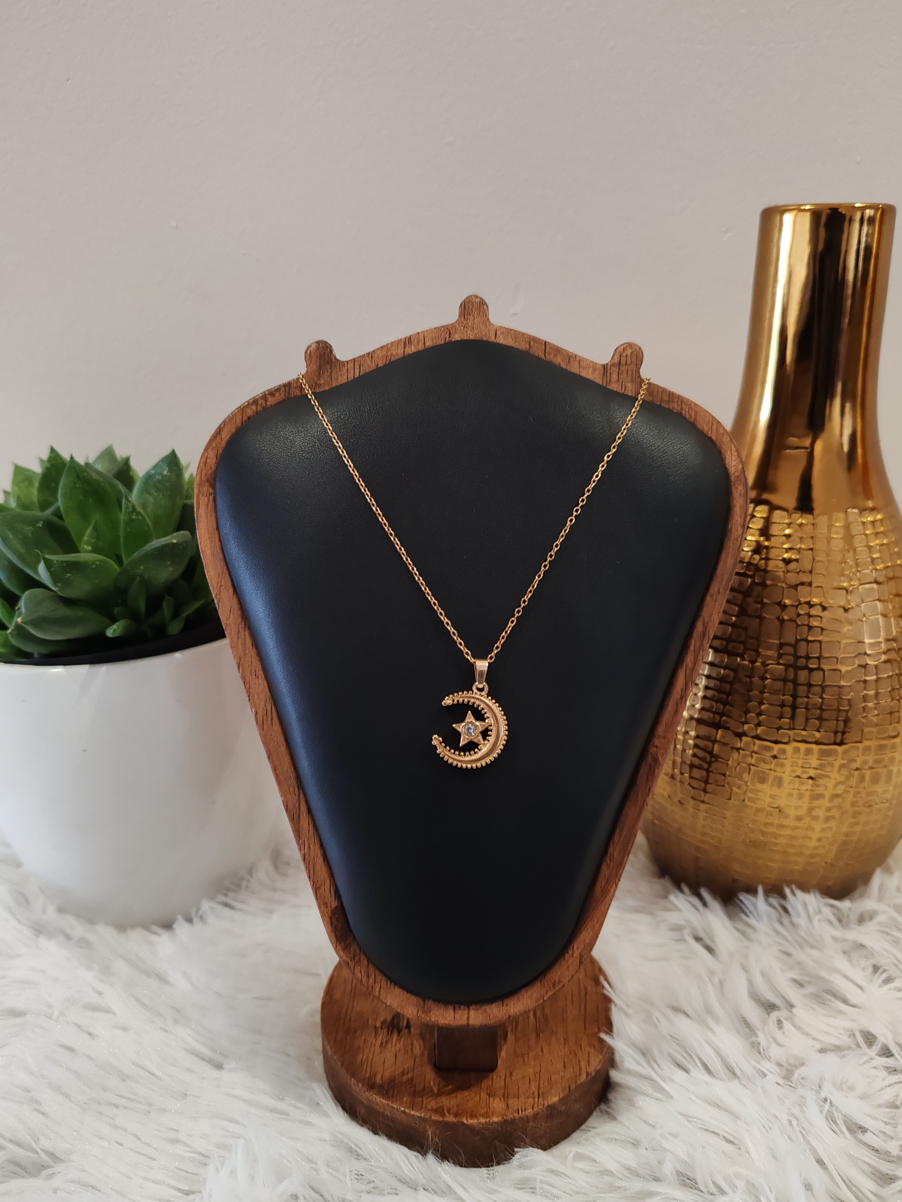 Star Crescent Pendant - Stainless Steel Gold Necklace 