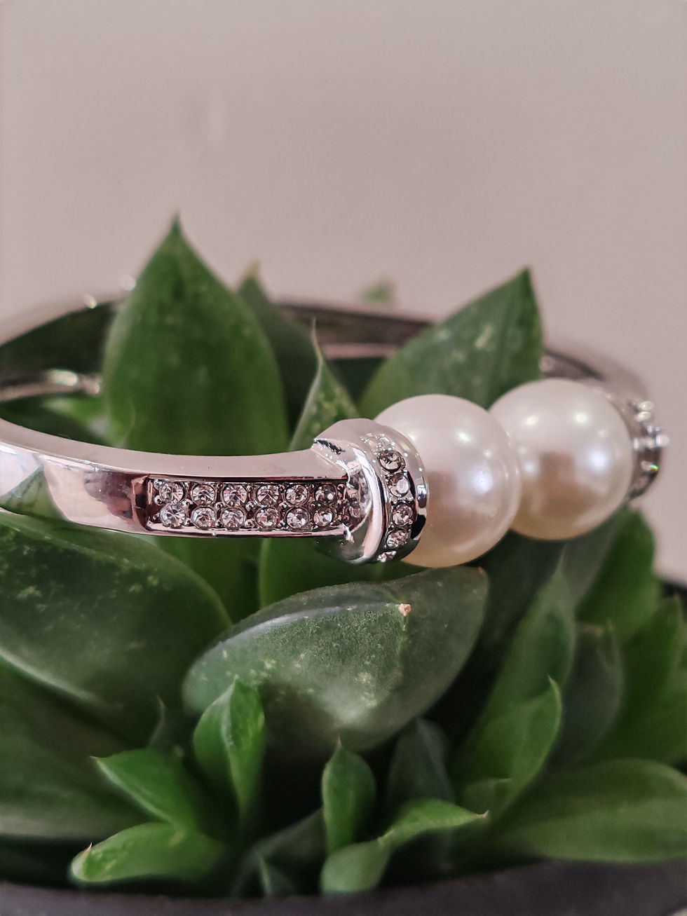Thumbnail: Stainless Steel Pearl and Rhinestone Bangle