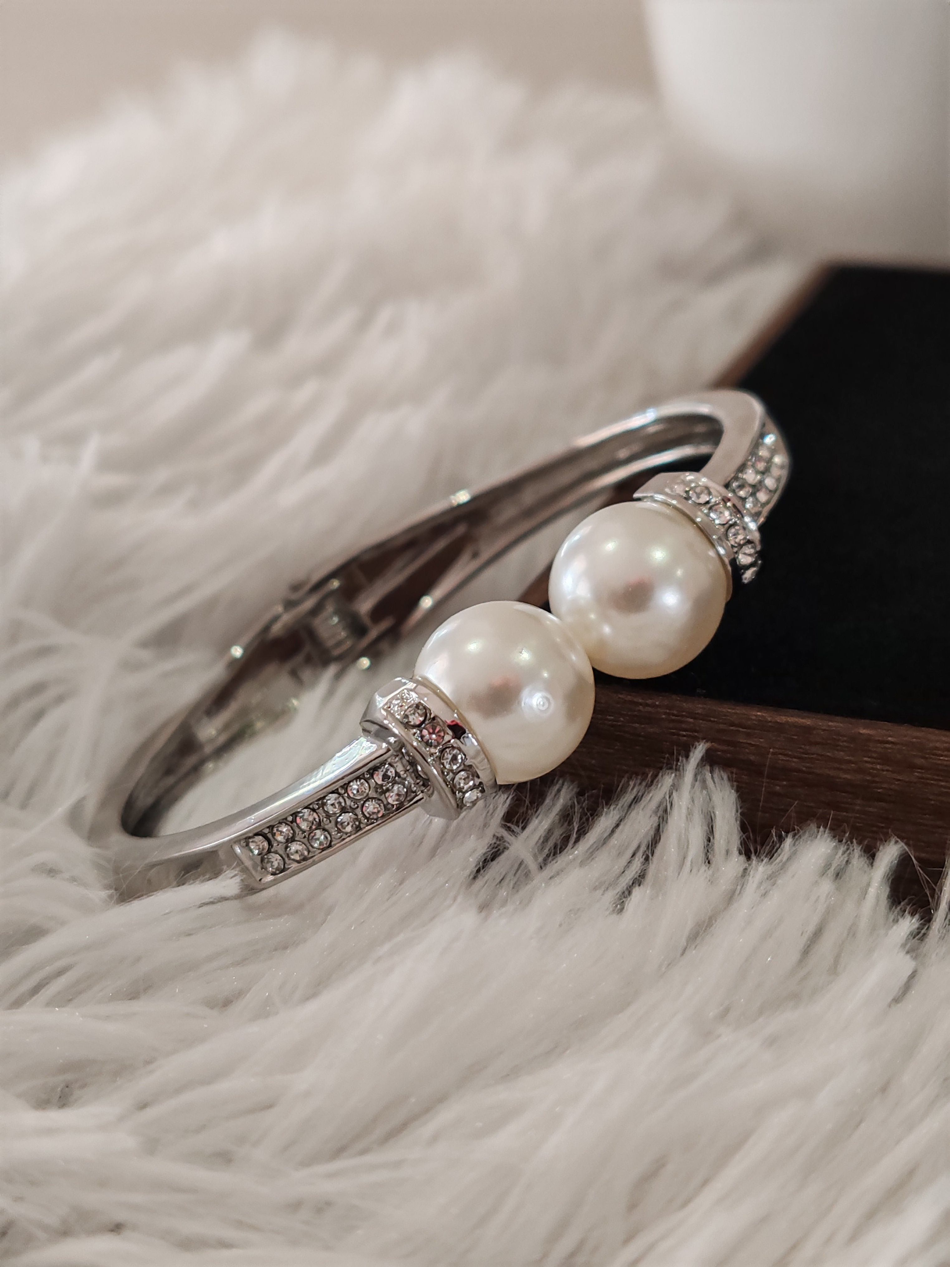Stainless Steel Pearl and Rhinestone Bangle