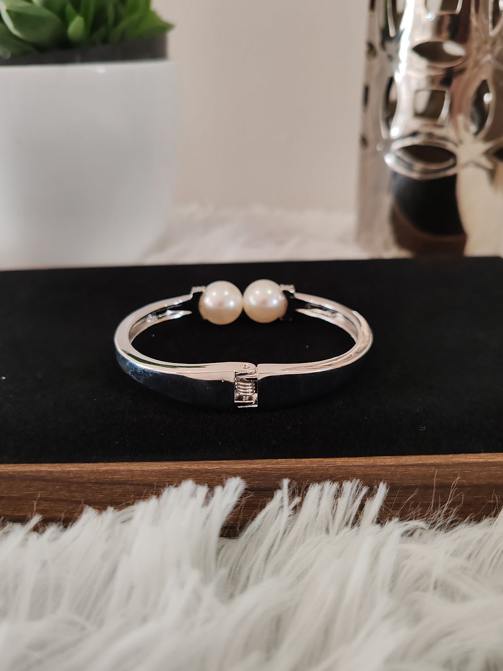 Thumbnail: Stainless Steel Pearl and Rhinestone Bangle