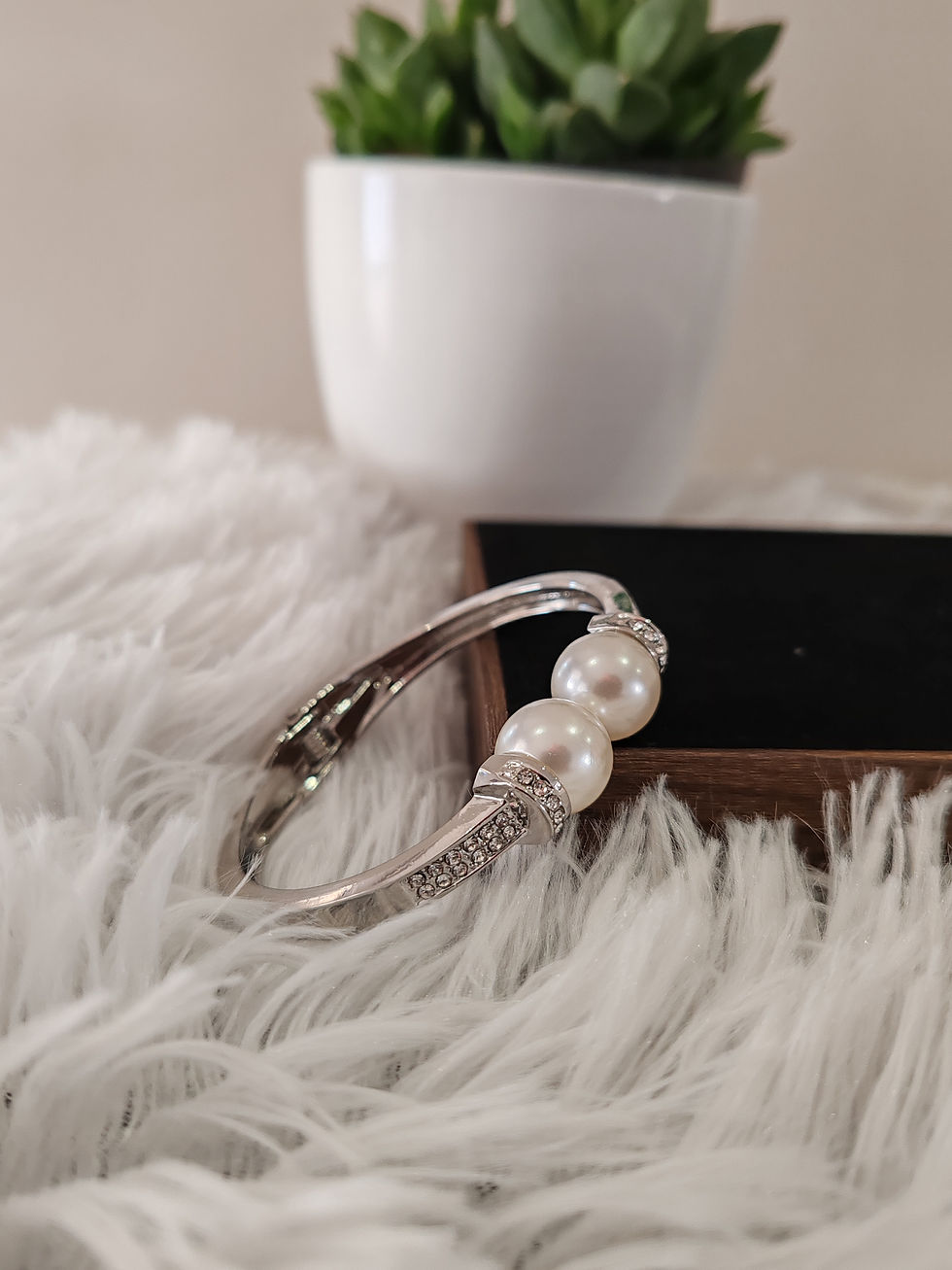 Thumbnail: Stainless Steel Pearl and Rhinestone Bangle