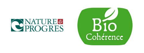 Logos of "Nature & Progrès" in green and red, and "Bio Cohérence" in white on a green background, featuring leaf motifs.
