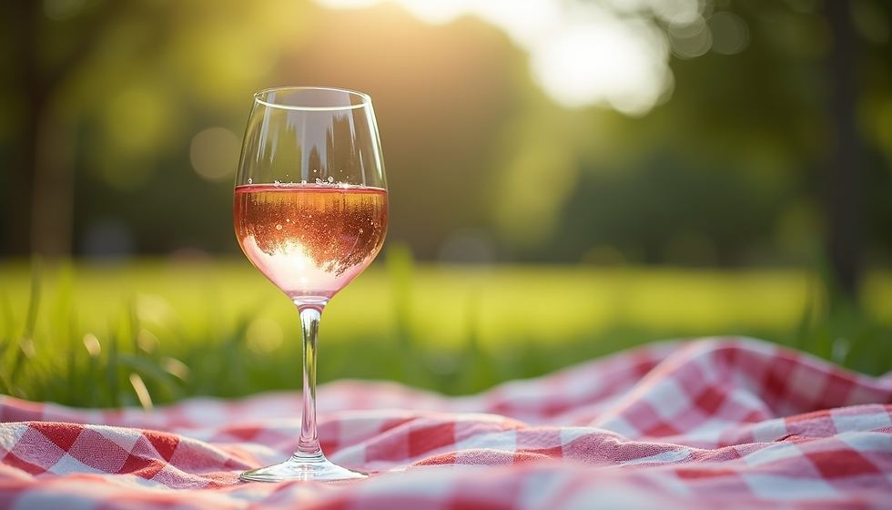 A glass of rosé on a red-and-white checkered picnic blanket in a sunny green park, with warm bokeh light.