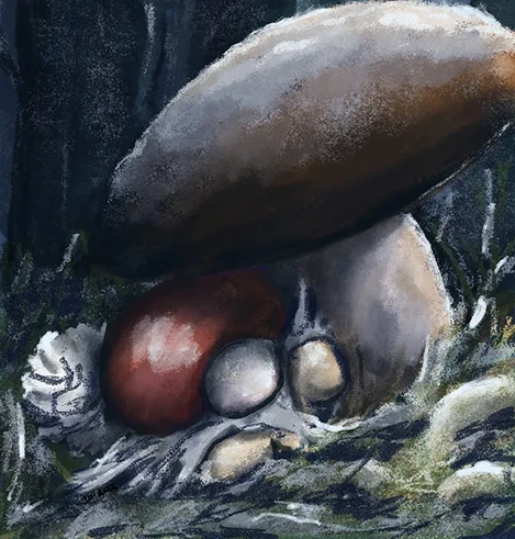 Gnome hiding in wood.webp