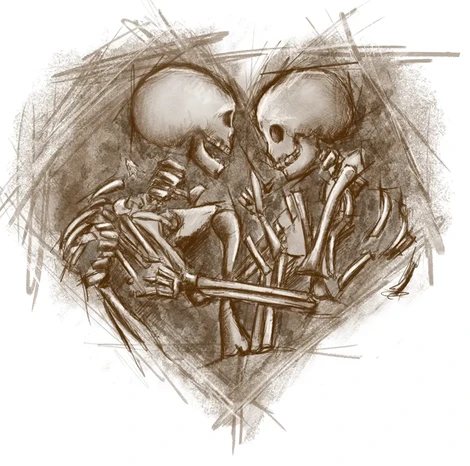 Illustrated Heart skeletons in embrace by Sara Nylund