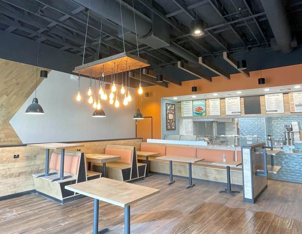 Qdoba Mexican Eats dining room with pendant lights, restaurant tenant improvement, Las Vegas