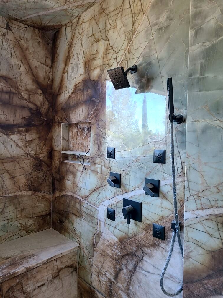 Custom home primary bath remodel with tiled shower, residential construction, Las Vegas