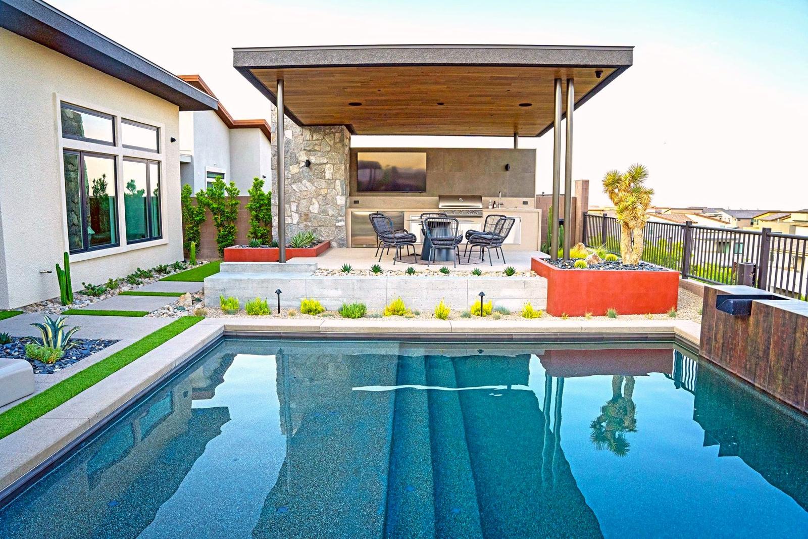 Lebo House pool, outdoor kitchen and shade canopies, custom residential construction, Las Vegas