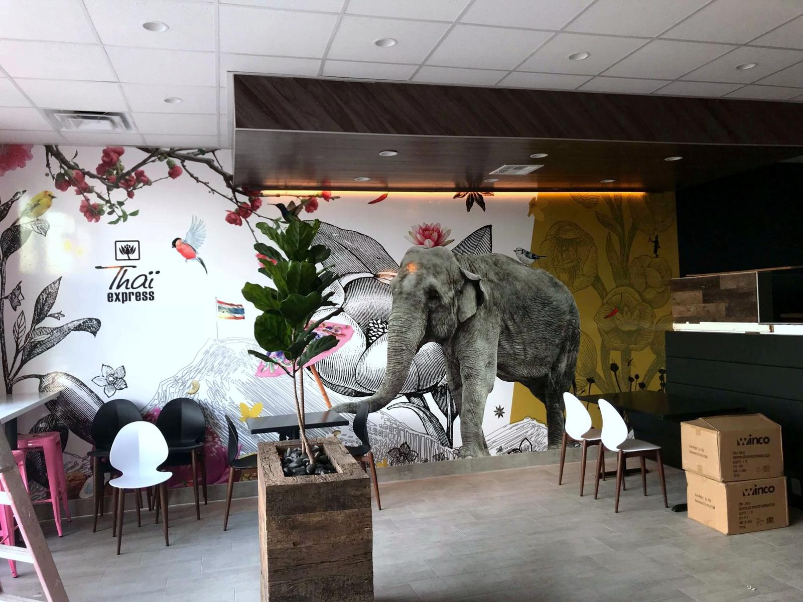 Thai Express dining room with elephant mural, franchise restaurant build-out, Las Vegas