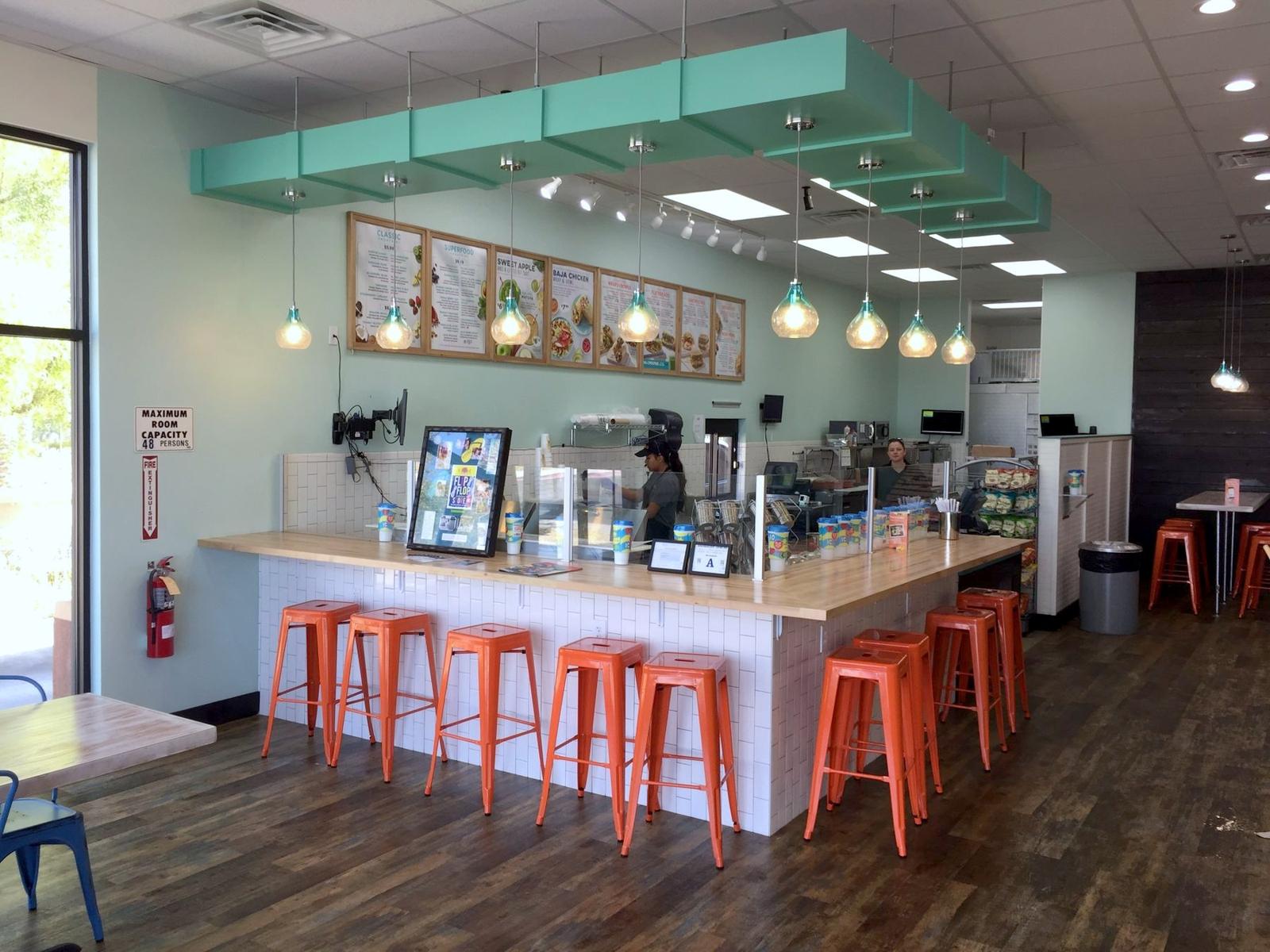 Tropical Smoothie Cafe order counter and bar seating, franchise restaurant build-out, Las Vegas