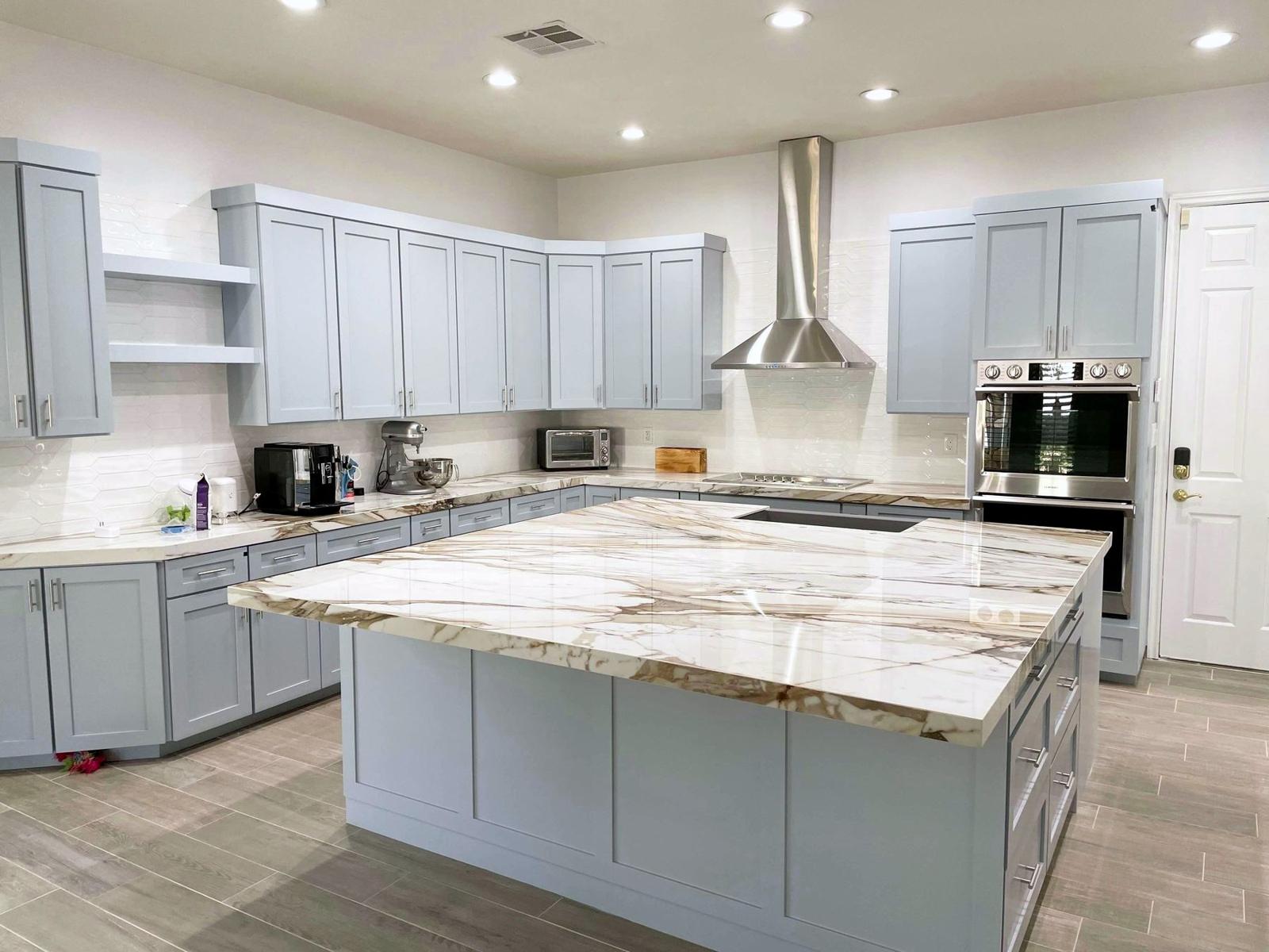 Custom home kitchen remodel with new cabinets and island, residential construction, Las Vegas