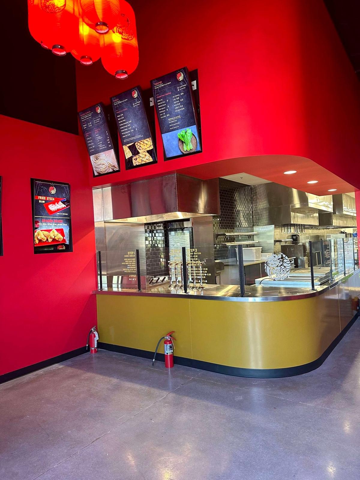 Dragon Tiger Noodle Co. counter and kitchen pass, restaurant tenant improvement, Las Vegas