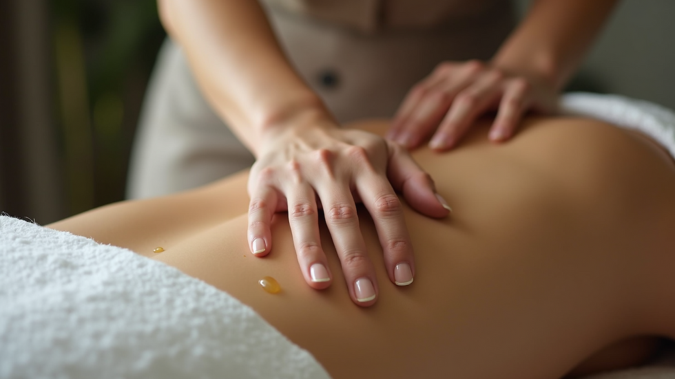 Close-up view of a massage therapist applying oil on a client's back