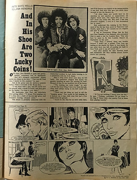 jimi hendrix collector magazine/jackie N°203/ 25/11/67 Pete says hello to jimi hendrix and in his shoe are two lucky coins!