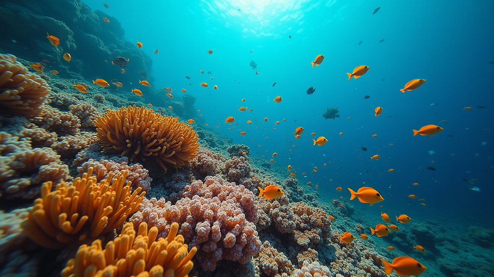 Eye-level view of a coral reef teeming with colourful fish in the Red Sea