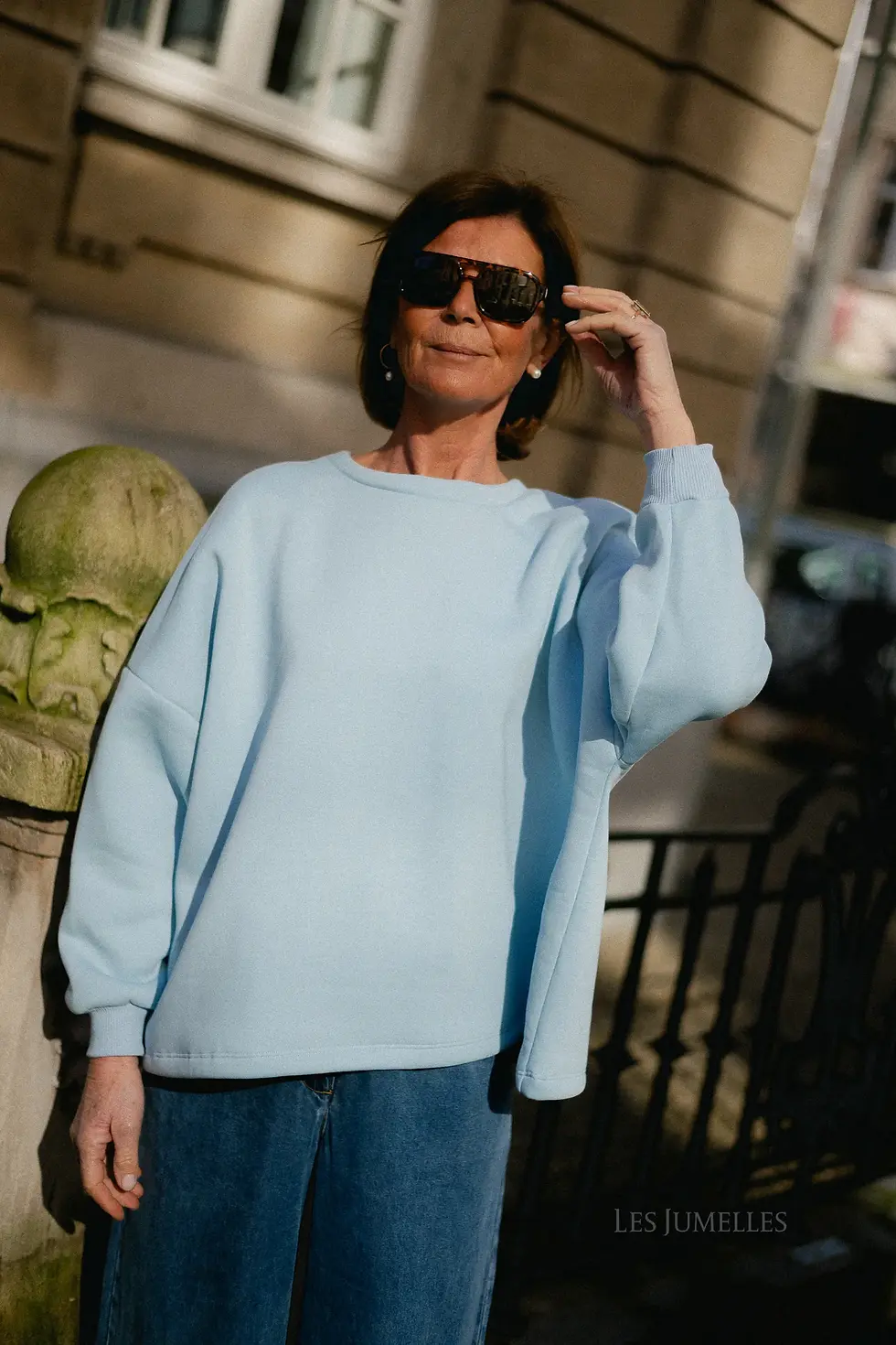 Thumbnail: Embroidered MOMMY sweater - baby blue/viola print