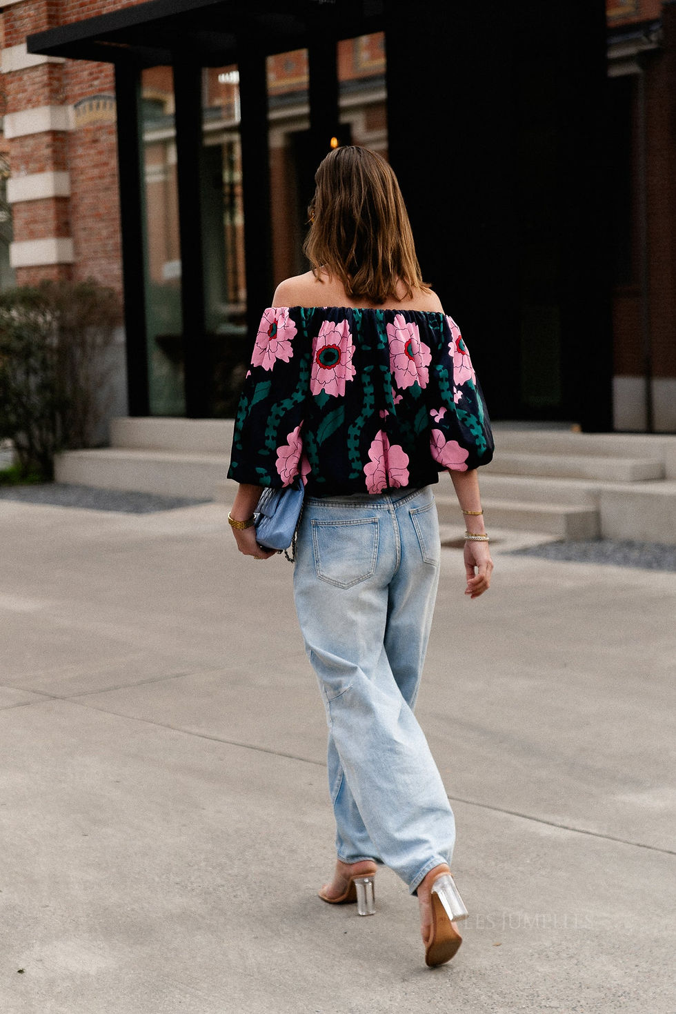 Thumbnail: Rumi printed off shoulder blouse navy/pink
