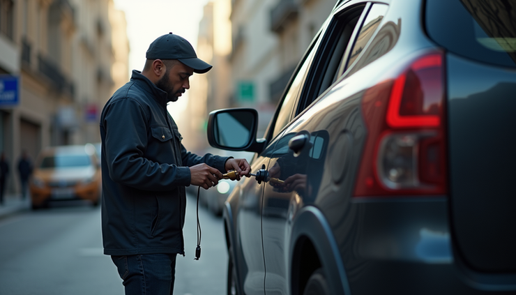 Eye-level view of a locksmith using specialized tools to unlock a car door