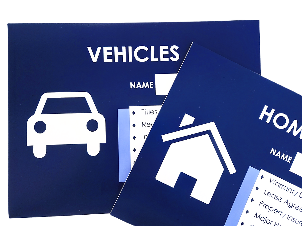 Blue folders with a car and house icon. Wording to discuss folder contents, but full phrases are blocked out.