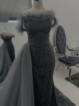 Thumbnail: Grey Feather Beaded Gown