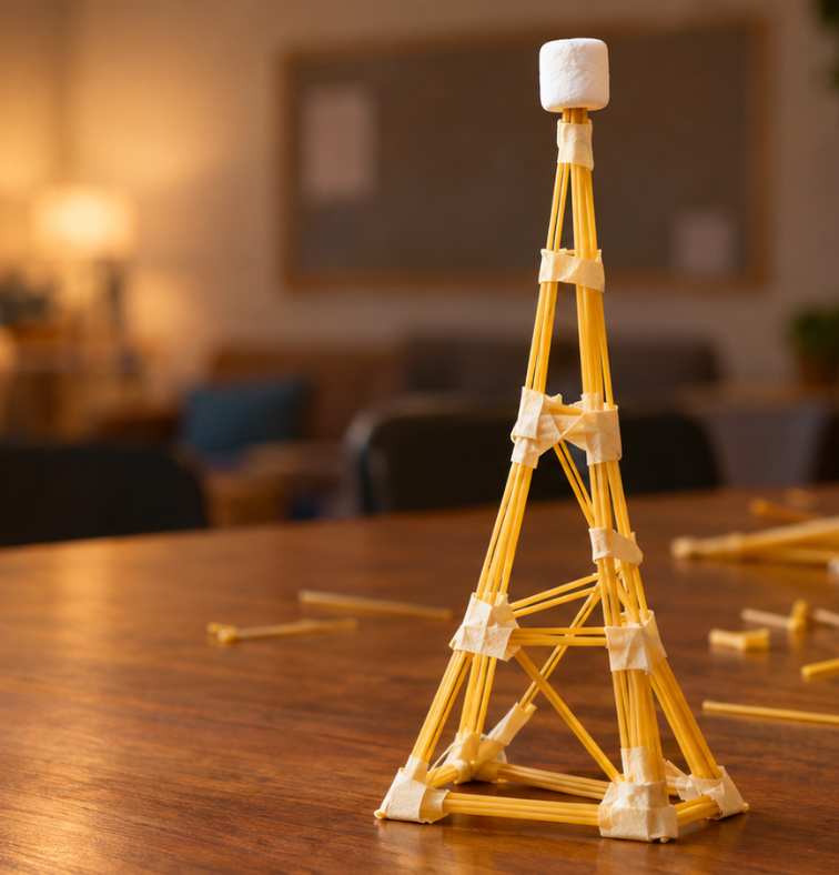 a tower built from spagetti noodles