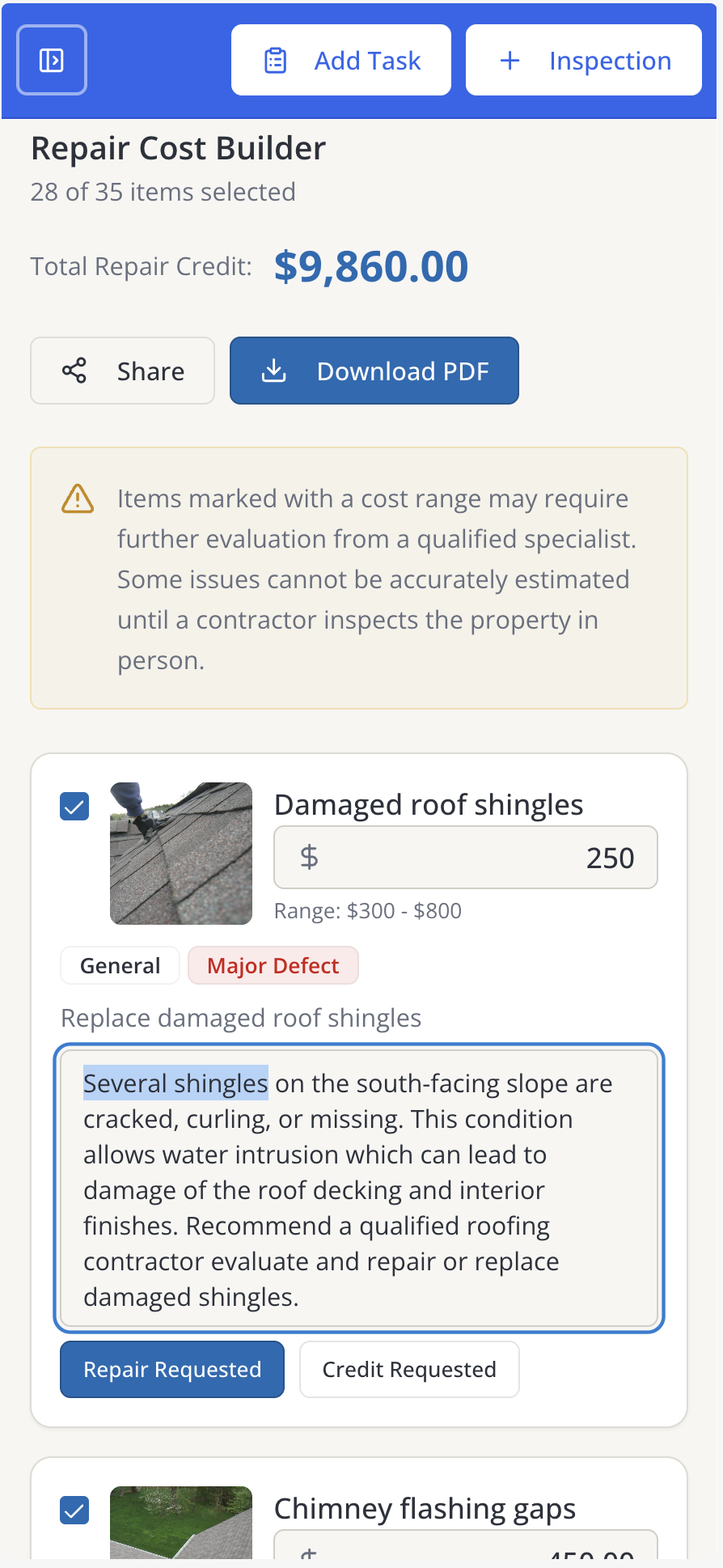 repair cost builder in the software