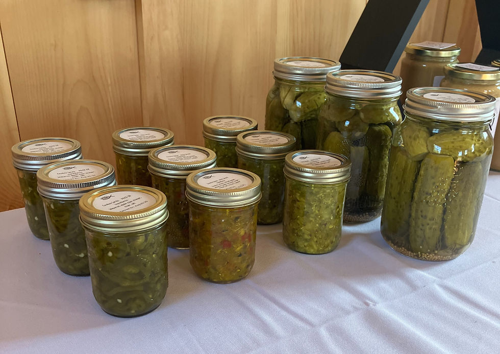 Cowboy candy (which Debbie makes.. and loves!) , zucchini relish, dill relish, and dill pickles