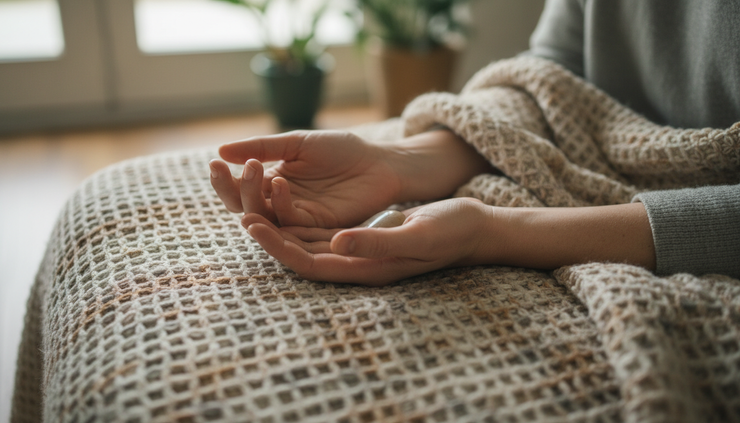 Close-up of relaxed hands resting on a blanket during a guided breathing session.