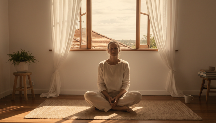 Wide-angle view of a quiet person sitting on a yoga mat near an open window in soft morning light.