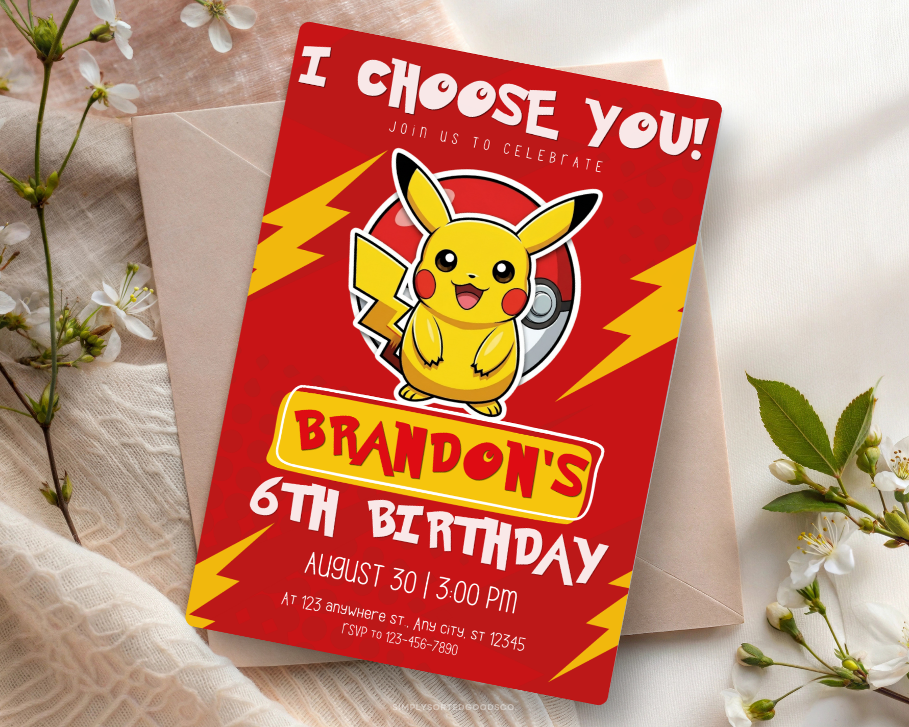 Pikachu Pokemon Digital Birthday Invitation