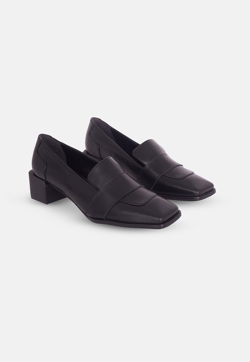 Women’s calf leather loafers with medium block heel and cushioned insole. Comfortable leather work shoes.