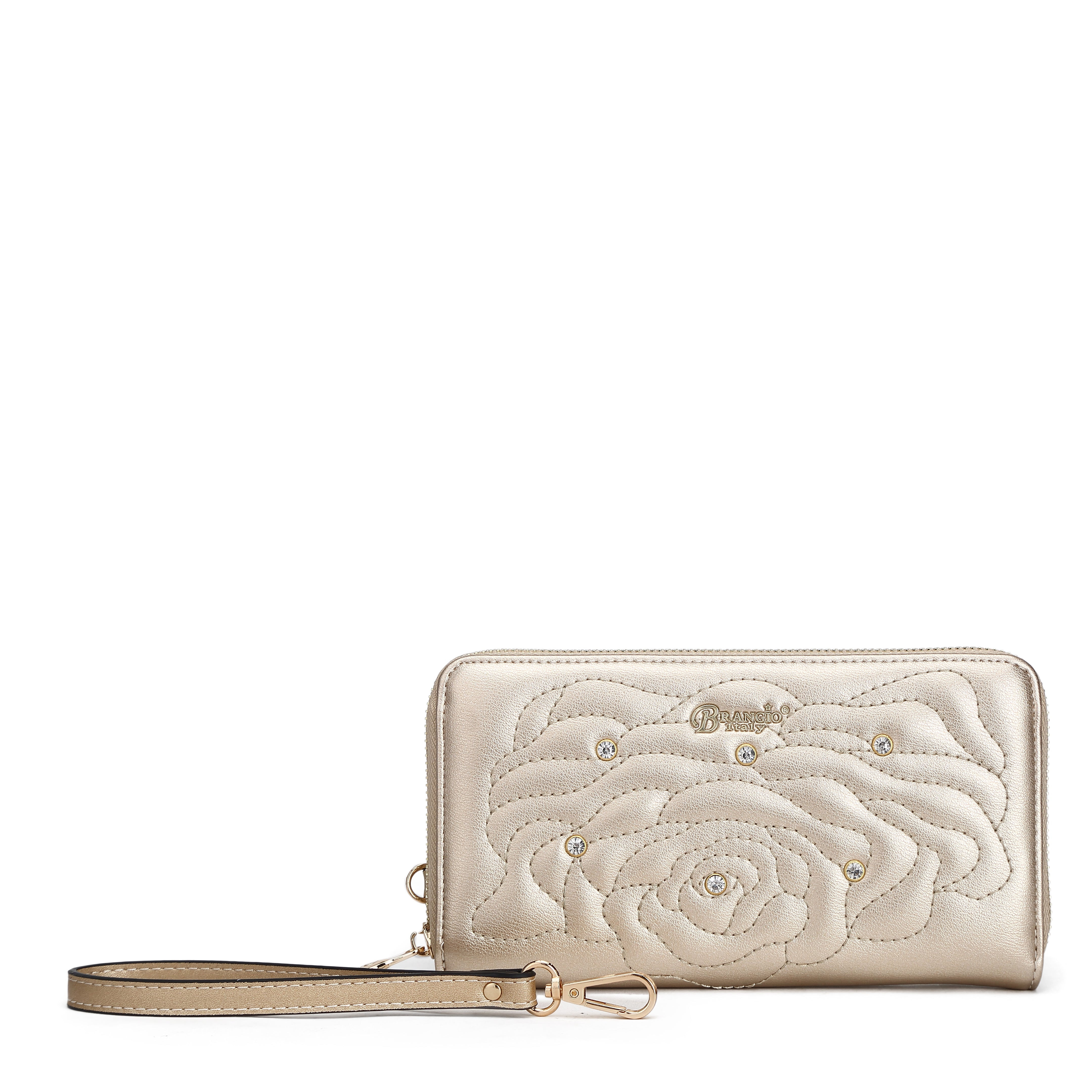 Brangio Italy Rose Quilted Zip-Around Wallet – Wristlet Clutch With Rhinestones