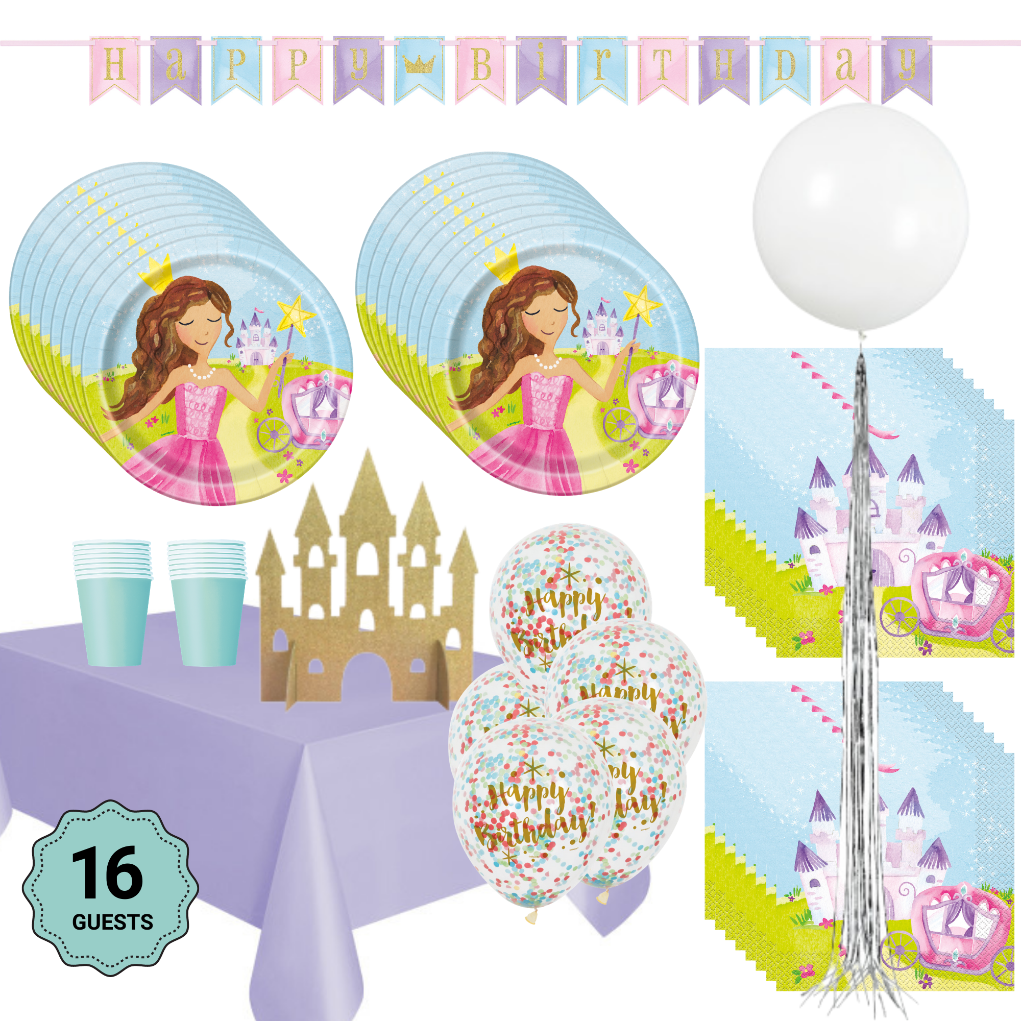 Magical Princess Theme Birthday Party Deluxe Value Pack Tableware for 16