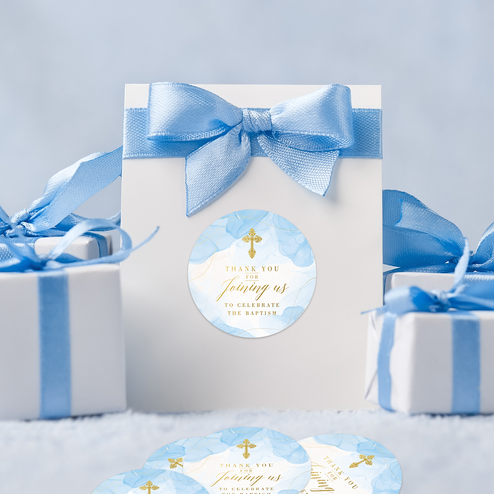 Thumbnail: Baptism Stickers for Boys | 2 inch | Blue Watercolor with Gold Foil Cross| 60pc