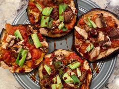 Eggplant Pizza Bites with Mushroom, Green Onion, and Date Sauce