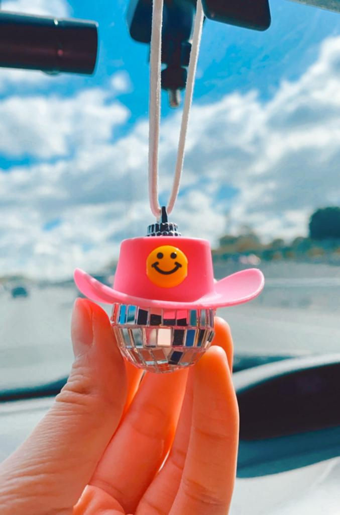 Cowboy hat disco ball car mirror hanging - Smiley Face