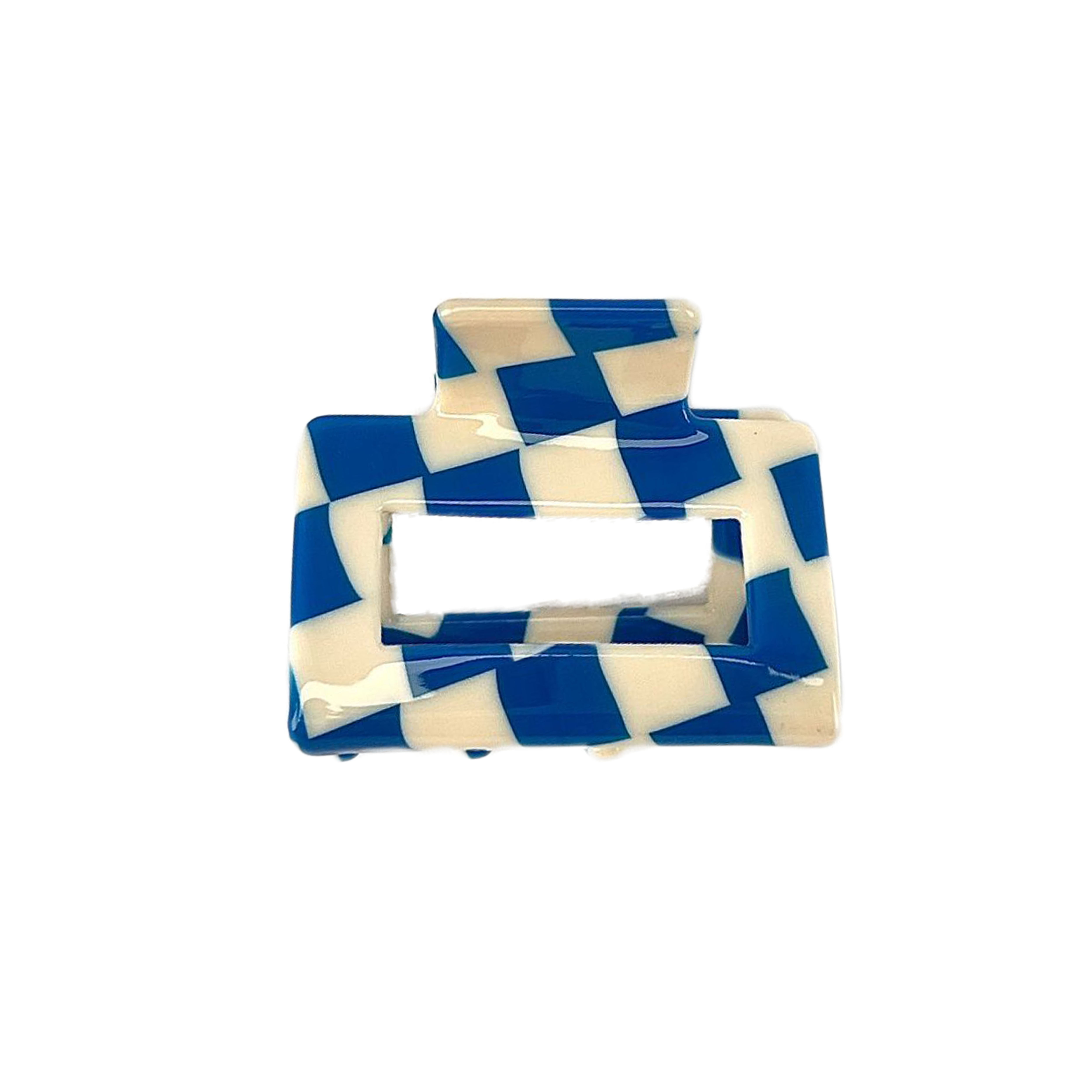 Blue Checkered Small Square Hair Claw Clip - (Blue and White)