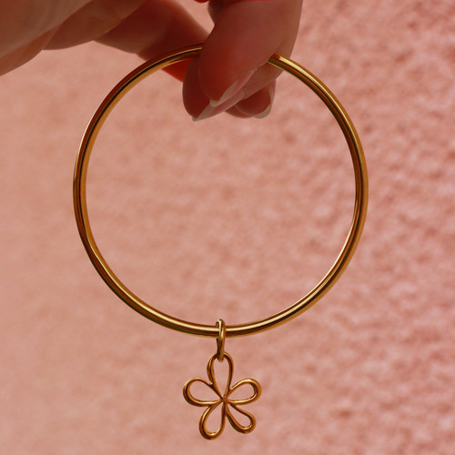 Bracelet Jonc Acier Poli Miroir Avec Gravure De Fleur - Diamètre ~66mm, Pour Femme, Neuf Avec étiquettes
