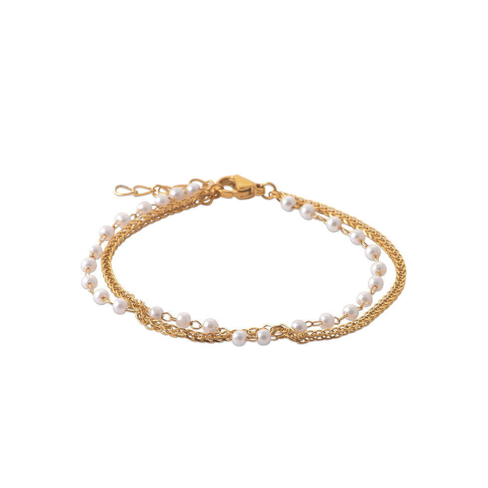 Bracelet double rang doré en acier inoxydable avec perles blanches