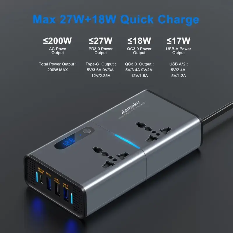 Thumbnail: 200W Car Inverter Compatible with 12V/24V, Universal 220V Socket, PD Fast Charge