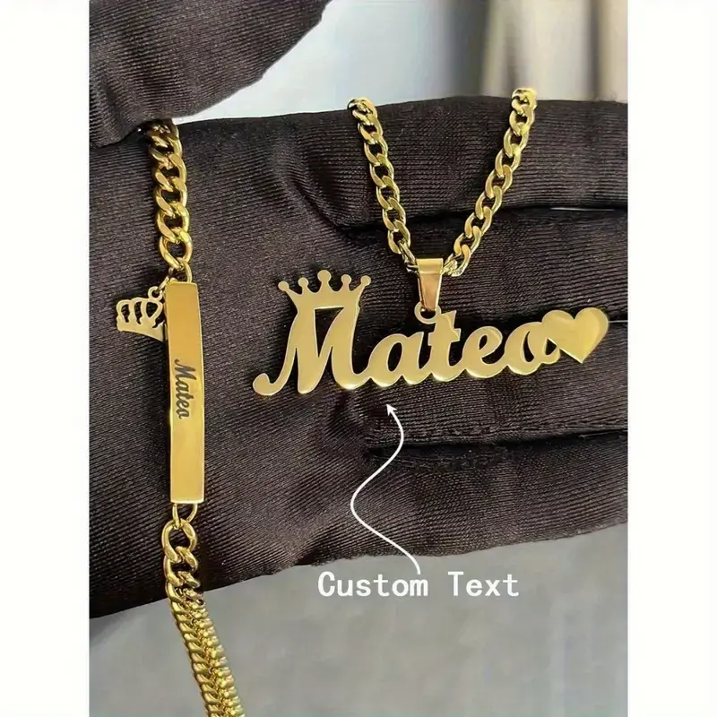 Thumbnail: 2pcs Personalized Name Necklace & Interlocking Link Bracelet Set - Custom