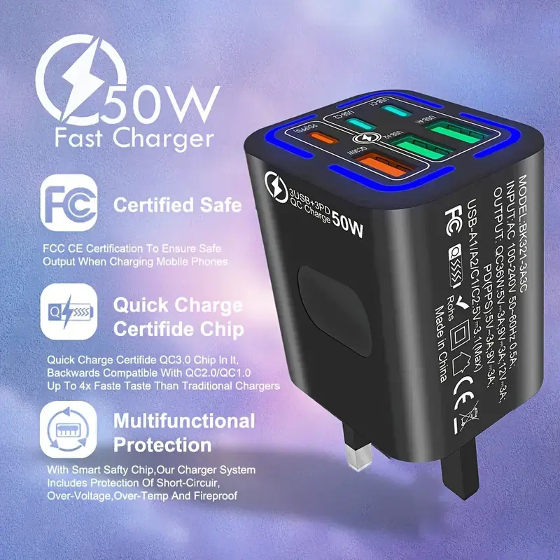 Thumbnail: 6 ports 3PD + 3USB Total 50W Mobile Phone Fast Charging Adapter, EU Plug USB