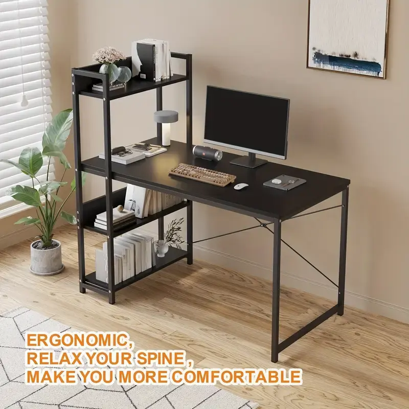 Thumbnail: LAFULAIFU Modern 4-Tier White Computer Desk with Shelves - Ergonomic 110x50x72cm
