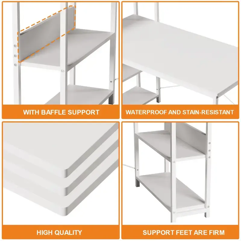 Thumbnail: LAFULAIFU Modern 4-Tier White Computer Desk with Shelves - Ergonomic 110x50x72cm