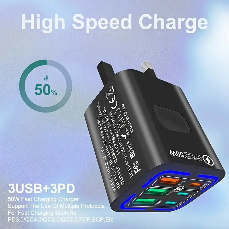 Thumbnail: 6 ports 3PD + 3USB Total 50W Mobile Phone Fast Charging Adapter, EU Plug USB