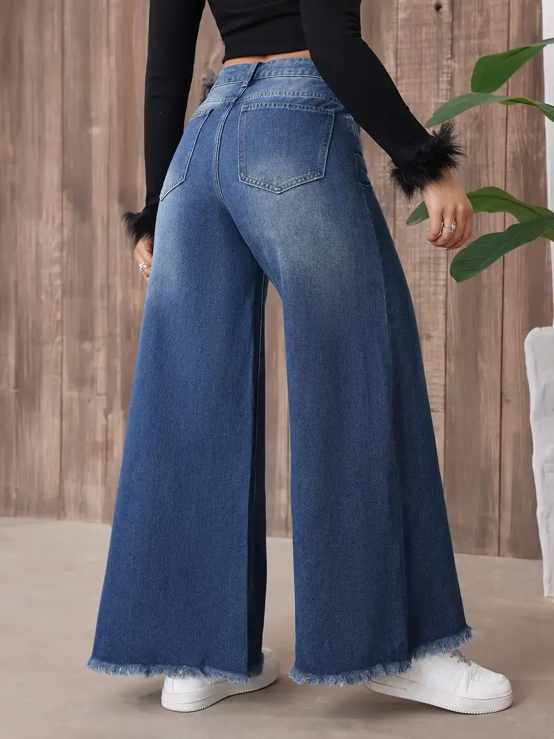 Thumbnail: Women'S Black Flared Jeans with Raw Hem - High-Waisted, Wide-Leg, Non-Stretch De
