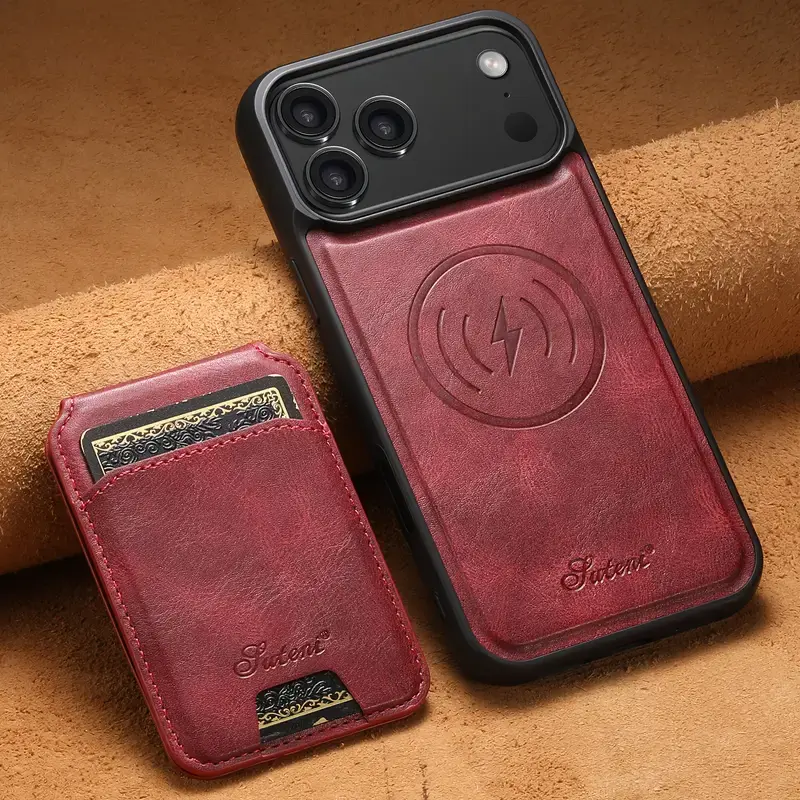 Thumbnail: SUTENI Wireless Charging Oil Wax Design Imitation Faux Leather Magnetic Card Hol